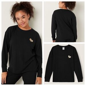 Vs Victorias Secret Pink Thermal Long Sleeve Sleep Shirt Top Pajama Pure Black L